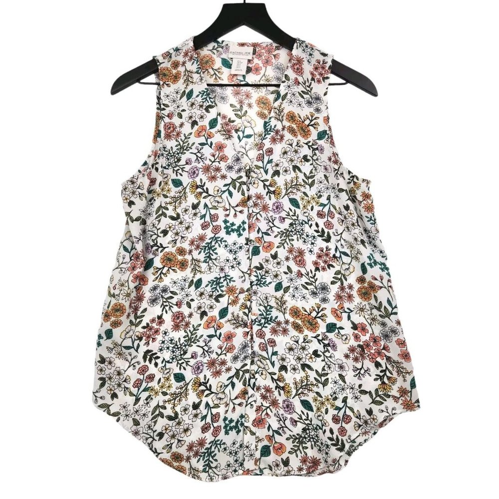 Rachel‎ Zoe Sleeveless Tunic Blouse Small Floral Botanical V-Neck Flowy Garden